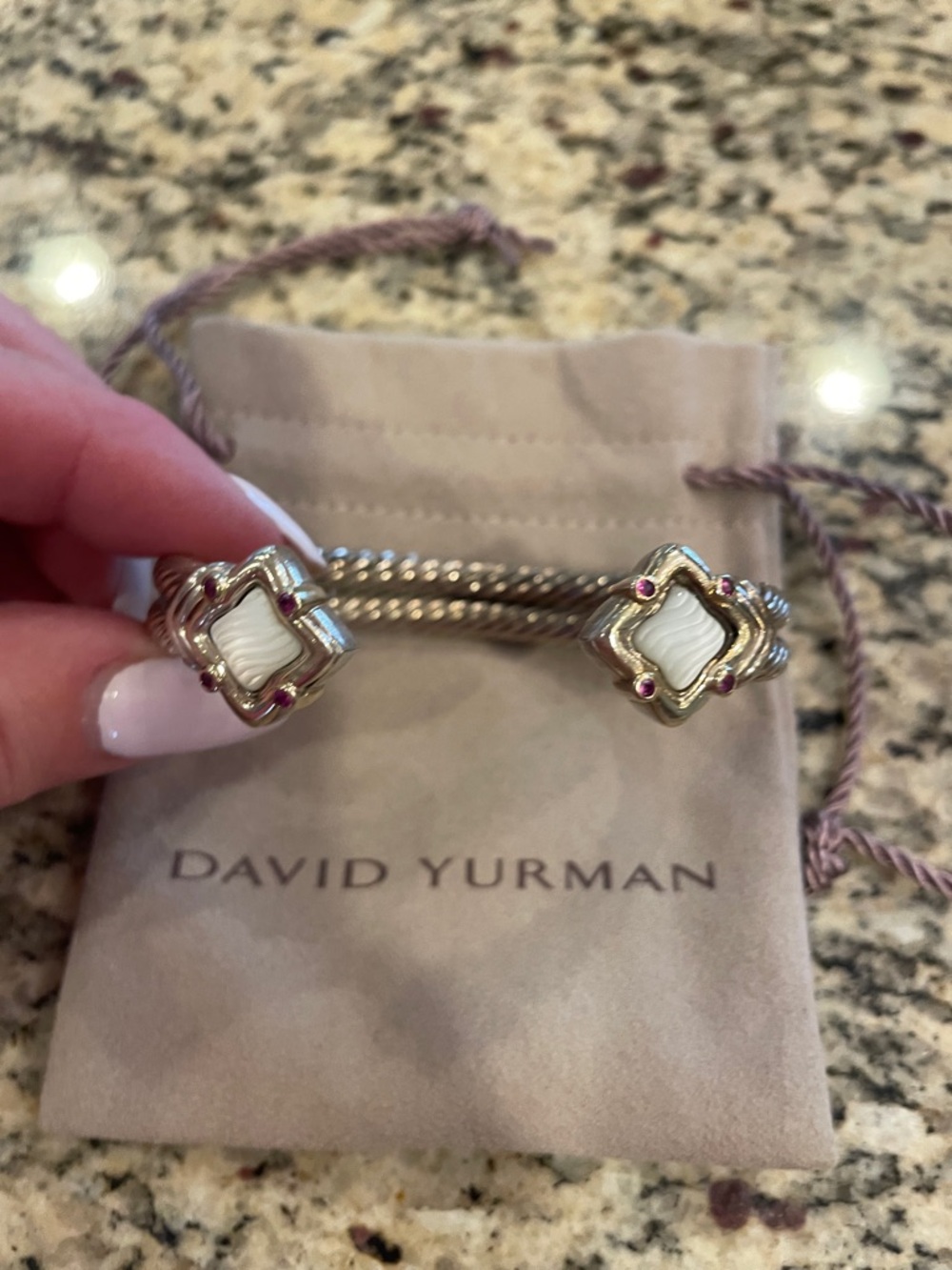 David Yurman Silver Cable Cuff with mother of pearl and Pink Gem Accents